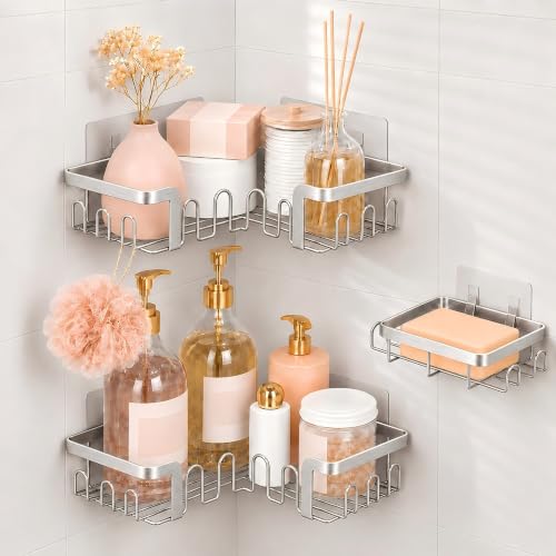 Corner Shower Caddy 3 Pack, Wall Mounted Adhesive Shower Caddy with Soap Holder and 24 Hooks, No Drill Rustproof Stainless Steel Shower Shelf for Inside Shower, Silver