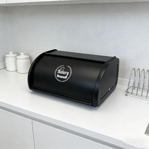 Vintage black stainless steel JunWondC farmhouse roll-top bread box with compact design and modern finish.