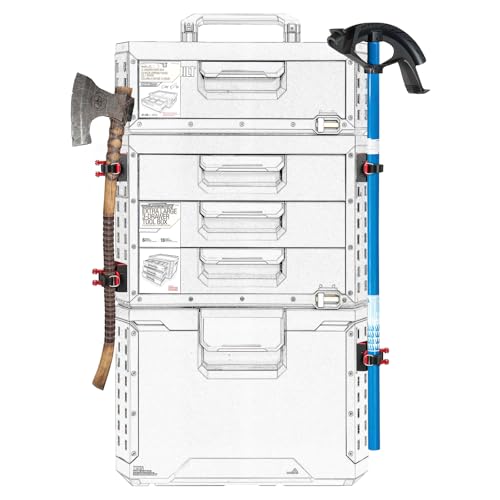 RUKUHOT 2-pack long-handle tool holders mounted on ToughBuilt StackTech toolbox for axe, shovel, and extension pole