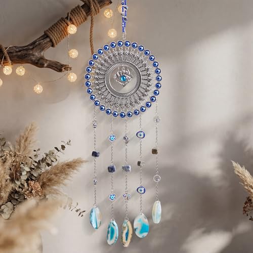Evil Eye Dream Catcher, Handmade Blue Agate Stone Catcher with Crystals Evil Eye