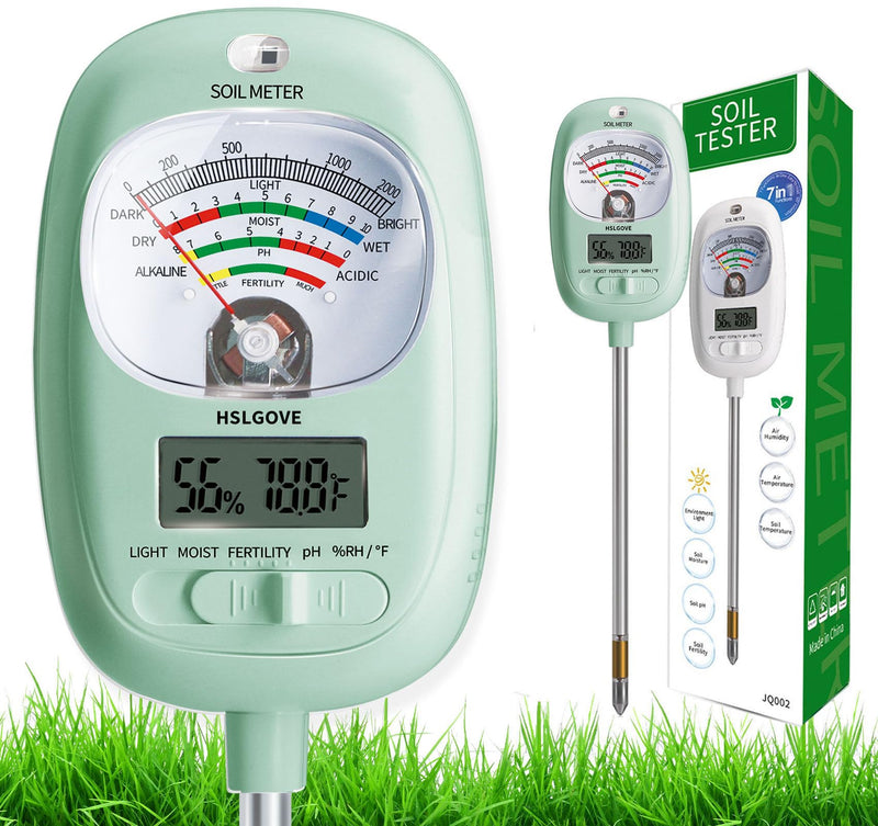HSLGOVE Soil Test Kit, 7-in-One Soil Moisture Meter/Soil PH Meter/Fertility, Dual Screen Soil Tester w/Digital Soil Temp/Air Temp&Humidity for Plants Gardening,Lawn,Farm Indoor&Outdoor-Mint Green Mint Green