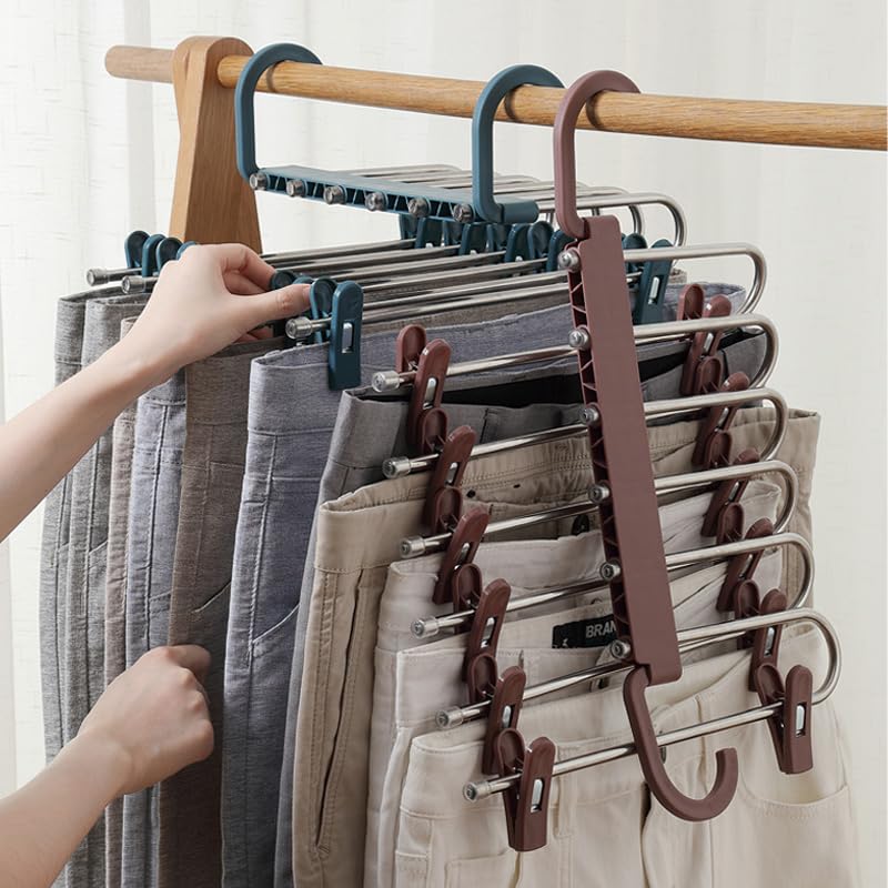 Hanger Helper Space Saving Pants Hanger, Vertical Closet Organizer Holds 6 Pairs, Foldable Multi-Layer Clothes Hanger for Jeans, Leggings, Trousers & Skirts, Closet Storage Organizer (Blue)