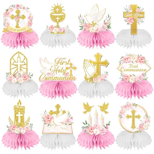 First Communion Decorations Honeycomb Centerppieces, 12Pcs Pink and Gold First Communion Centerpieces for Tables, God Bless Religious Table Centerpices for Girls Baptism Mi Primera Comunion