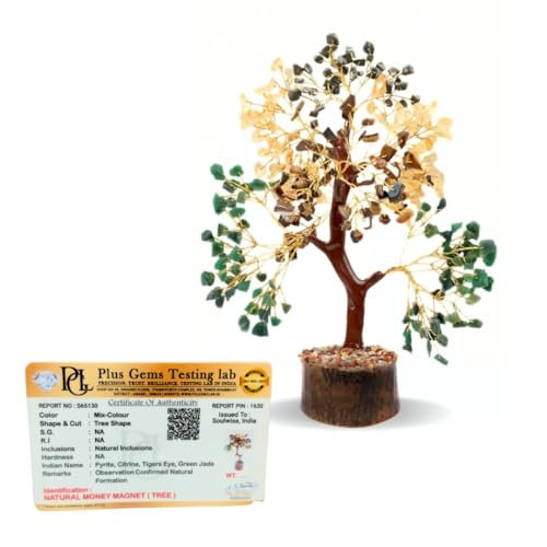 SOULWISE Dhanyog Crystal Tree Money Magnet for Wealth & Prosperity – Natural Citrine, Pyrite, Tiger Eye, Green Jade & Aventurine Gemstone Tree – Vastu & Feng Shui Bonsai Decor for Home & Office