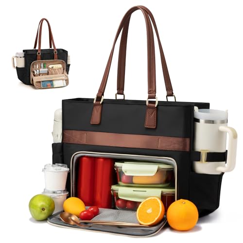 LOVEVOOK Lunch Tote Bag for Women, Work bag with Insulated Lunch Compartment, 15.6 Inch Laptop bag with Cup Holder Large Lunch Bag Purse for Teacher, Nurse, Office, Travel, College, Daily Black-brown-Beige 17.3 inch