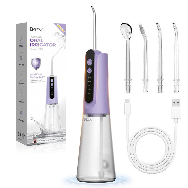 Bezvoi Wireless Oral Irrigator Portable Oral Irrigator with 5 Pressure Levels IPX7 | 270 ml removable water tank, 4 interchangeable nozzles, gentle cleaning for gums and interdental spaces Purple