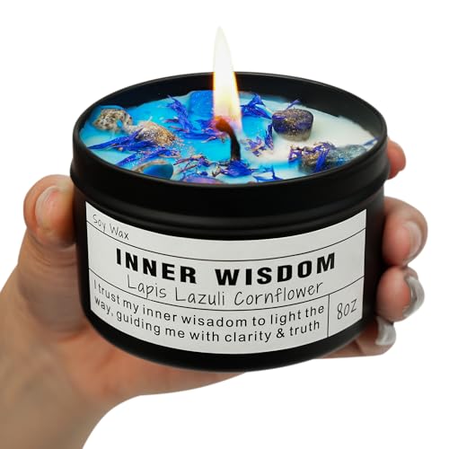 Inner Wisdom Candle – Lapis Lazuli Intuition Ritual | Third Eye Chakra | Clarity | Self-Trust | Spiritual Gift | Vegan Soy Crystal Candle (8 oz). Inner Wisdom