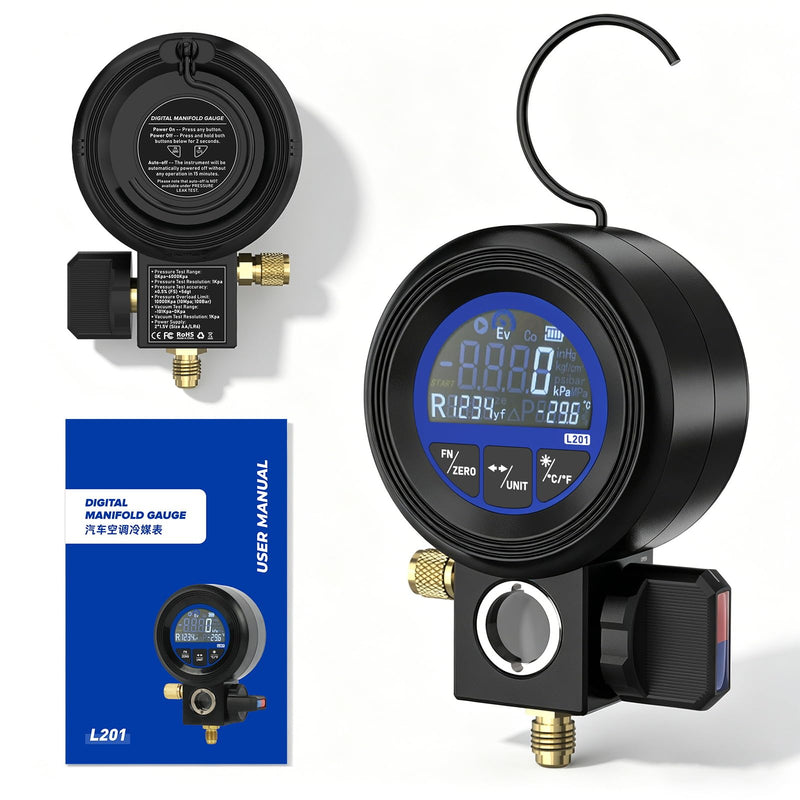Digital Air Conditioning Pressure Gauge, Pressure Vacuum and Leaks | Refrigerant filling, compatible with 24 refrigerant types R32 R1234yf R134a, ±0.5% FS accuracy, digital vacuum gauge