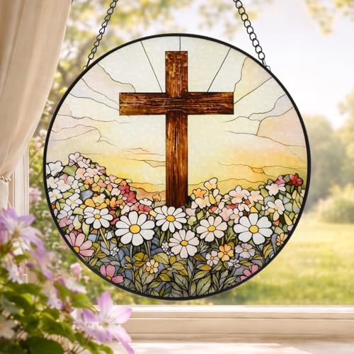 8 Inch Stained Glass Cross and Wildflowers Suncatcher Christian Stained Glass Windows Hanging Flower Cross Gift for Religious Mother's Day Faith Christian Gifts Religious Home Decor Cross & Wildflowers