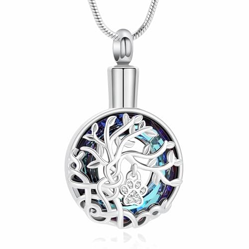 Tree of Life Circle Cremation Urn Necklace for Ashes Stainless Steel Memorial Ashes Keepsake Pendant with Cat Paw Detail for Women & Men Silver