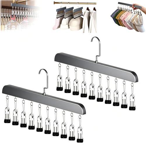 Closet Organizer with 10 Clips, 1PCS Space Saving Hanging Closet Organizer, Space-Saving Hat Scarf Clips for Jeans Skirts Socks Leggings Wooden Pant Hangers with Clips (2PC)