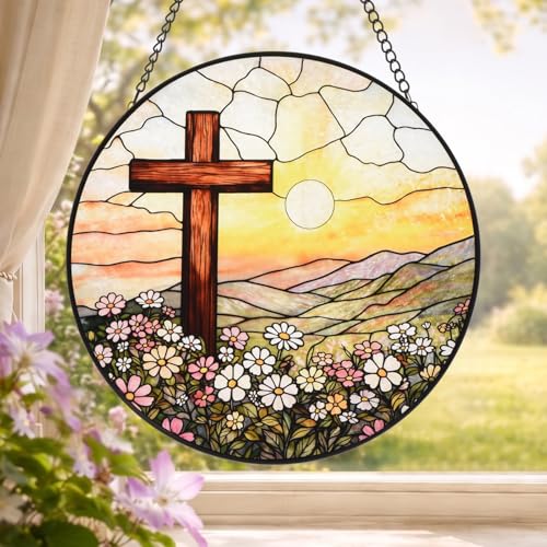 8 Inch Stained Glass Cross Sunset for Windows Hanging, Stained Glass Gift, Christian Gifts, Religious Gifts, Christian Cross, Window Decor, Religious Faith Gift for Easter, Mother's Day, Christmas Cross & Sun