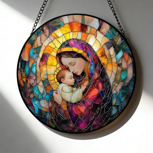 Madonna Child Stained Glass Hanging, Christian Suncatcher Decor Virgin Mary and Baby Jesus