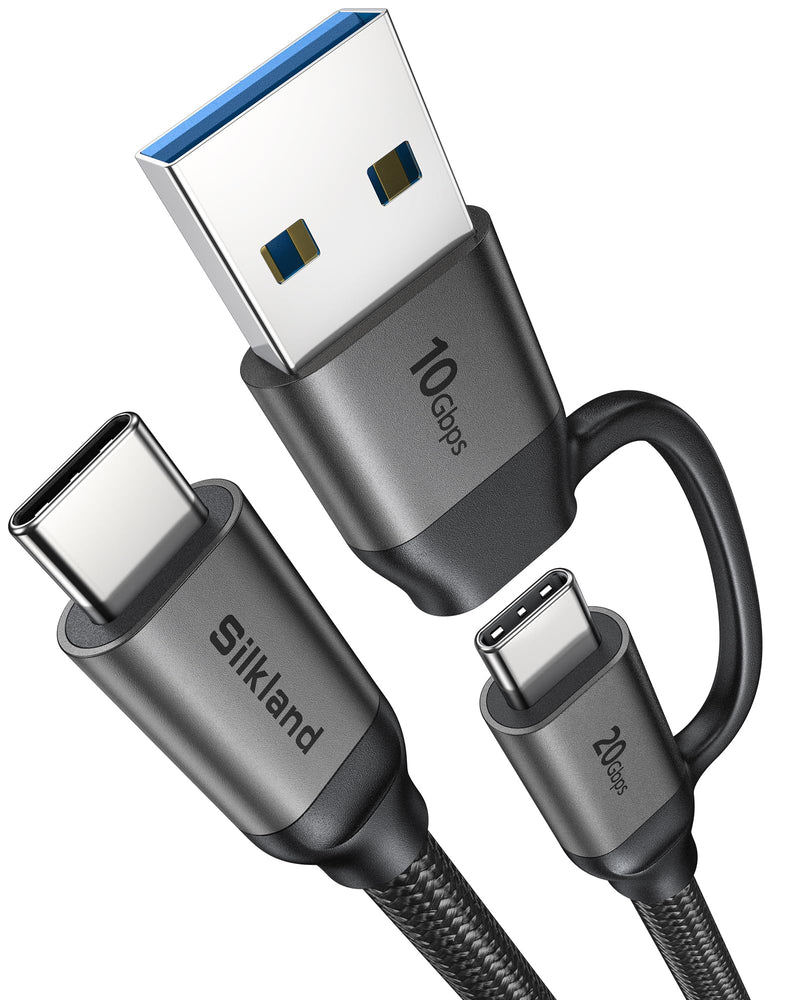 Silkland 2 in 1 USB A to USB C Data Cable 10Gbps, USB C to USB C 3.2 GEN 2x2 20Gbps Data Transfer, 15W/240W Fast Charging, USBC Monitor Video Cable for iPhone 17/16, Samsung S24/23, Macbook/iPad 6.6FT 6.6 Feet