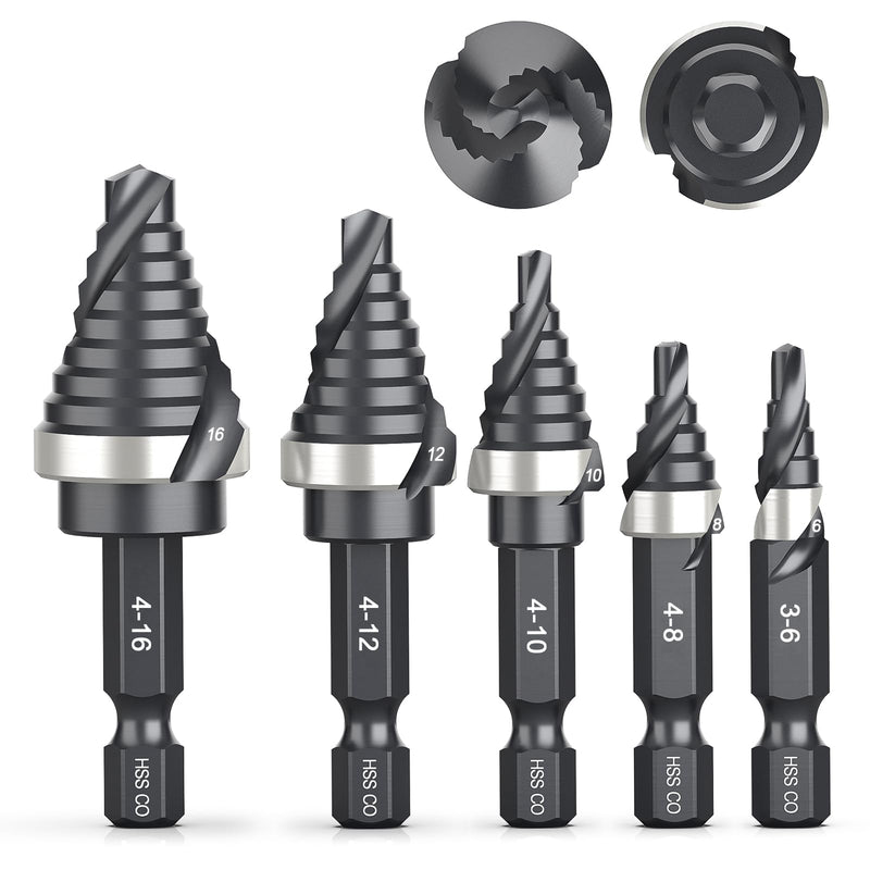 THINKWORK Metric Step Drill Bit Set, 5PCS Spiral Flute M35 Cobalt HSS Step Bits (6-16mm), 6mm Hex Shank Unibit for Metal, Stainless Steel, Aluminum, Wood & Plastic Drilling (6-16mm)-5Pcs
