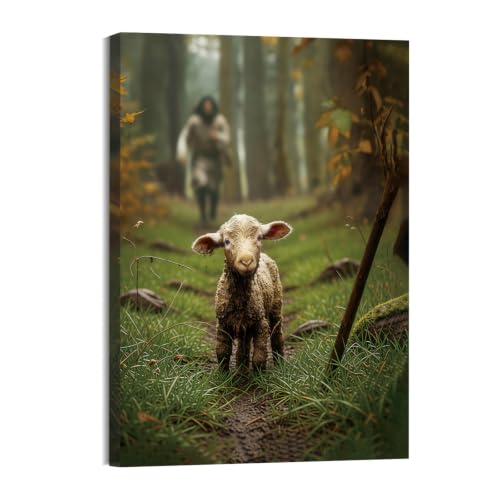 AKTESRACH Jesus Leaves the 99 Sheep Wall Art, Christian Canvas Wall Decor, Jesus and Lamb Religious Painting, Biblical Scripture Wall Art for Living Room, Spiritual Christian Home Decor 12x16in Lost Lamb Jesus 16"L x 12"W