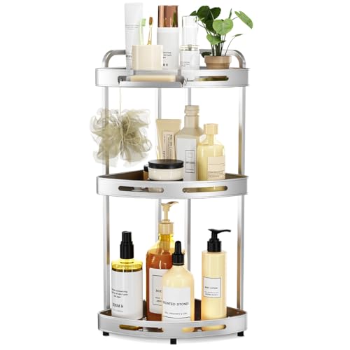 Silver 3-tier standing corner shower caddy by Binecer with multiple shelves for bathroom storage.