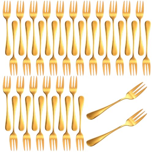 36 Pcs Gold Stainless Steel Dessert Forks, 3-Tine Mini Oyster Fork Appetizer Seafood Cocktail Salad Fruit Tableware, 5.6 Inch Elegant Mirror Polished for Party Travel Picnic Buffet Wedding