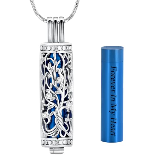 Cremation Jewelry for Ashes Tree of Life Urn Necklace Cylinder Vial Urn Pendant for Women Men Stainless Steel Memorial Keepsake for Loved One Blue-Forever