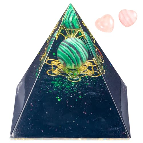 Orgone Crystal Pyramid for Positive Energy, Malachite Sphere Sacred Geometry Healing Crystal Pyramid, Obsidian Crystal Chips Energy Generator, Meditation Energy Healing Decor & 2 pcs Rose Quartz Heart Sacred Geometry Symbol