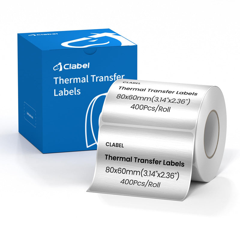 Clabel Thermal Transfer Silver PET Labels 3.15 x 2.36 in (80 x 60 mm) for Barcodes and Asset Labels, 400 Labels per Roll, Industrial Equipment Identification, Compatible with Thermal Transfer Printers 3.15" x 2.36"