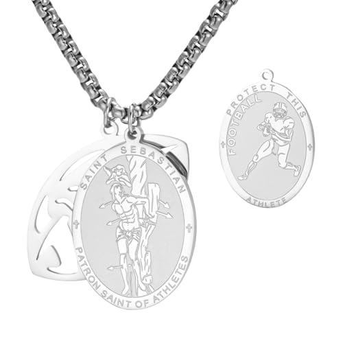 Dreamtimes St. Sebastian Medal Necklace for Men Women Stainless Steel Religious Saint Patron of Athletes Catholic Necklace Amulet Medal Protection Jewelry Football-S