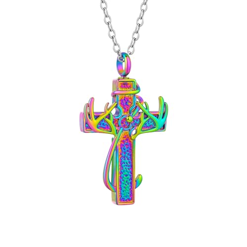 Antler & Fish Hook Cross Cremation Jewelry Urn Necklace Stainless Steel Design Memorial Keepsake for Ashes Cross Ashes Holder Keepsake Loved One Memorial Jewelry Colorful