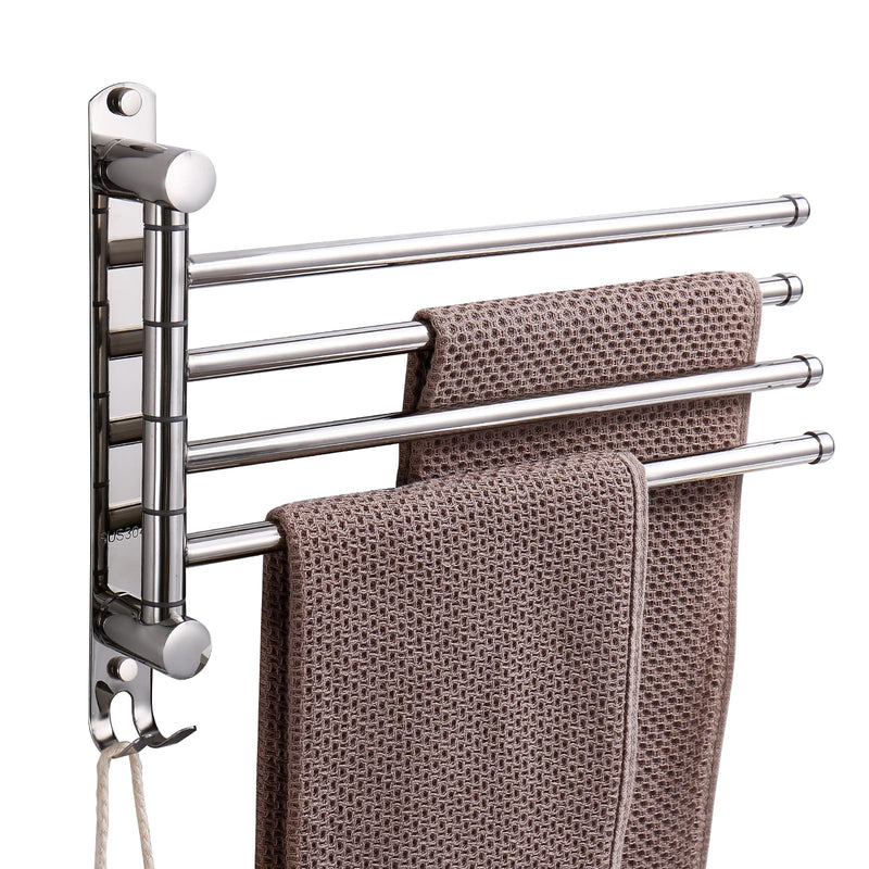 Swivel Towel Rack, 14" Thicken 304 Stainless Steel 4-Arm Adjustable Towel Bar,Wall Mounted Towel Holder with Hook, Space Saving for Kitchen, Bathroom, Outdoor (Silver, 4 Arms) Silver 4-arms