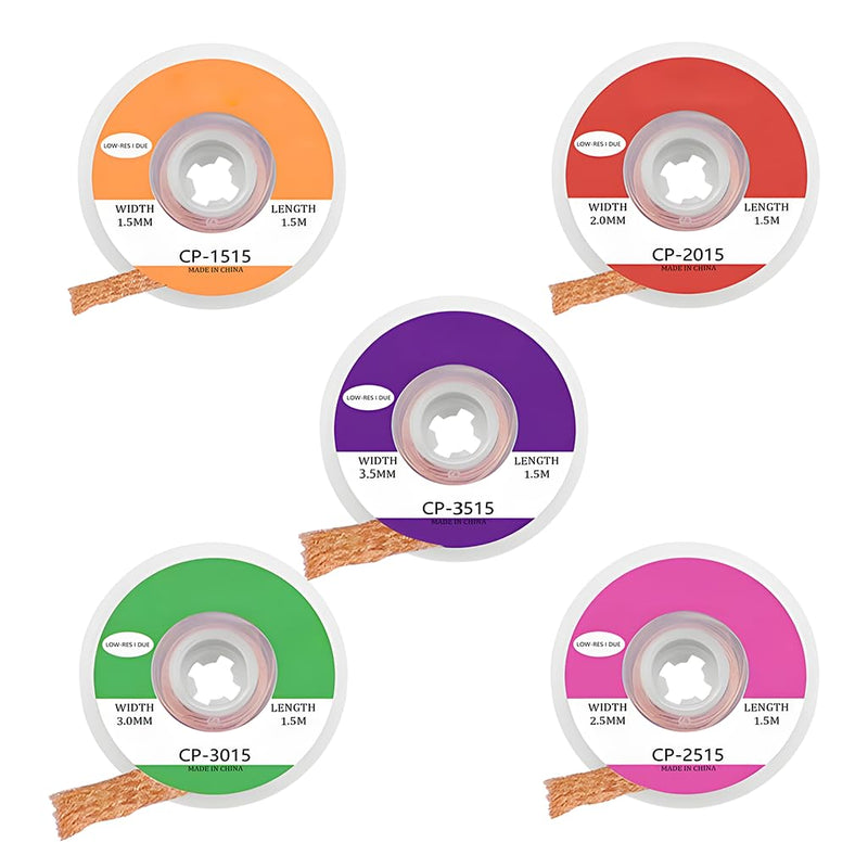 5 Piece Desoldering Braid Set Copper Desoldering Wire (1.5/2.0/2.5/3.0/3.5 mm) 1.5 m Long, No-Clean Solder Braid with Flux, High Thermal Conductivity Solder Wick for Desoldering for Electronics Repair | Hohe Wärmeleitfähigkeit, Lötlitze zum Entlöten, f...