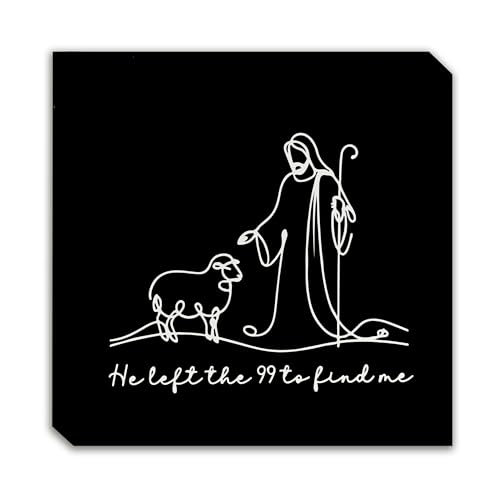 He Left the 99 to Find Me Christian Wooden Box Sign, Christian Gifts for Women Men, Jesus and Lamb Religious Bible Verse Wood Block Sign for Home Office Desk Shelf Table Decor, 5x5 Inch white -R
