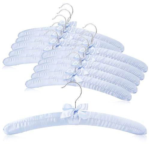 Women's Satin Padded Hangers - 15" Foam-Filled Wooden Clothes Hangers with No Shoulder Bumps, Bow Accent, for Sweaters, Blouses, Dresses - 5 Pack (Light Blue)