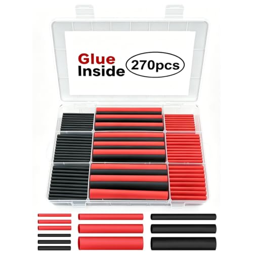 3:1 Heat Shrink Tube Set with Adhesive, 270 Pieces Heat Shrink Tubing Waterproof Black and Red, Diameter 1.6-9.5 mm for Electrical Insulation, Cable Repair and Cable Bundling