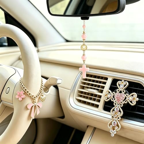 3 Pcs Christian Car Accessories for Women - Rear View Mirror Cross, Steering Wheel Rosary Charm & Air Vent Clip - Cute Girly Bling Car Decor (Pink) Pink