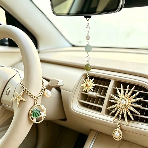 3 Pcs Christian Car Accessories for Women - Rear View Mirror Cross, Steering Wheel Rosary Charm & Air Vent Clip - Cute Girly Bling Car Decor (Green) Green