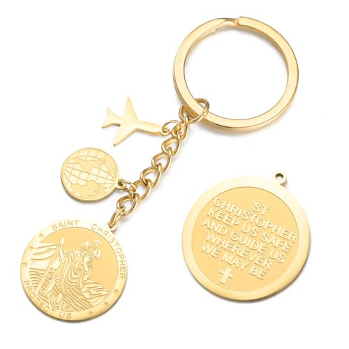 Dreamtimes St. Christopher Keychain for Men Women Airplane Key Ring Map Stainless Steel Keychains Good Luck for Travel Lovers Gold