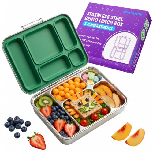 Stainless Steel Bento Lunch Box for Kids – 5 Leakproof Compartments, Food-Grade 304 Steel, Plastic-Free BPA-Free Kids Bento Box for School, Daycare & Travel - Green