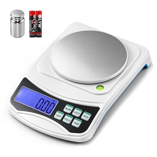 Antstone digital precision scale with 0.01g accuracy, 1000g capacity, calibration weight, and batteries
