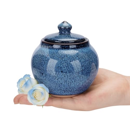 abooxiu Small Urns for Human Ashes Keepsake 3.93 Inch Mini Urn for Ashes Handcrafted Blue Glaze Ceramic Cremation Urn for Adult Female Male, Decorative Memorial Funeral Burial Urns for Home Display