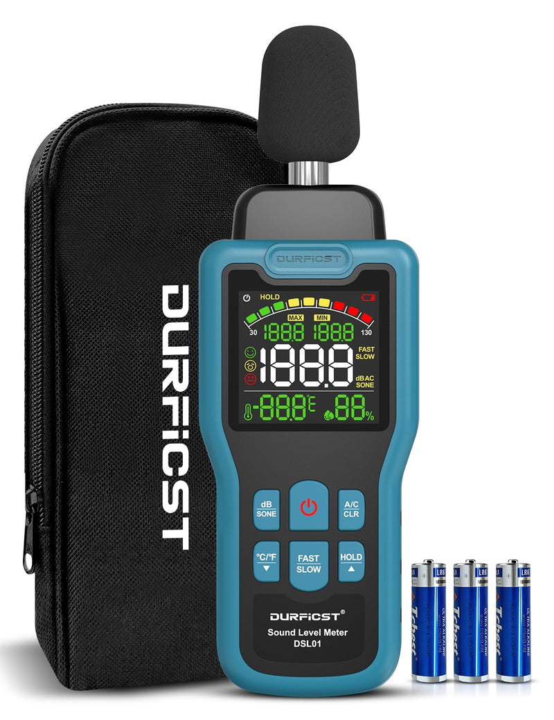 DURFICST Decibel Meter 30-130dB Meter with Temperature Humidity | Sound level meter with LCD color display, AC rating, dB/SONE unit, fast/slow response time