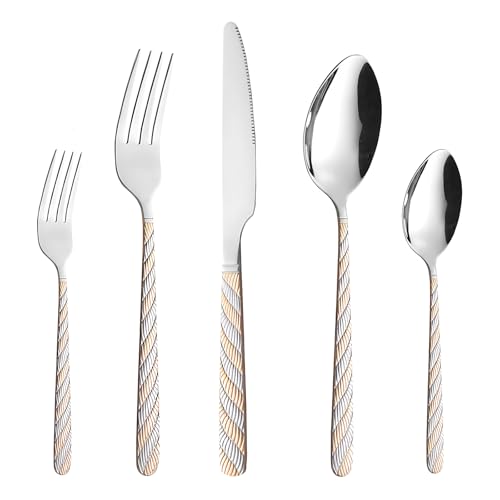 Silverware Set, 20 Piece Flatware Set for 4, Stainless Steel Cutlery Set, Mirror Polished, Modern Kitchen Eating Utensils Set Include Spoons Forks Knives for Home, Restaurant, Party (GoldSilver) GoldSilver