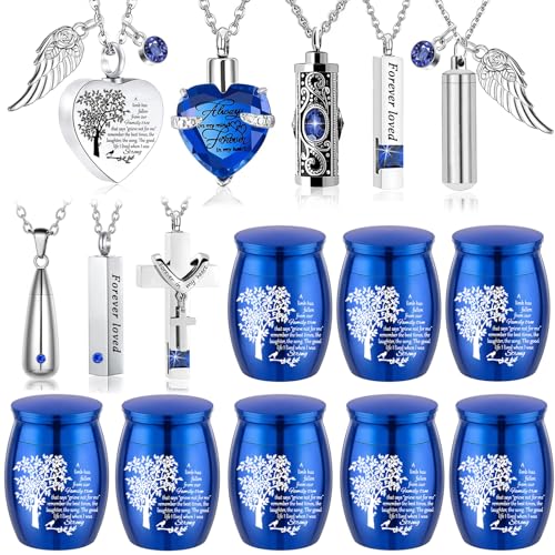 16 Set Cremation Jewelry Urn Necklaces for Ashes Small Urn Stainless Steel Keepsake Urns Memorial Locket Sharing Mini Ash Holders Waterproof for Human Adult Female Male Loved One (16Pcs-Blue) 16pcs-blue