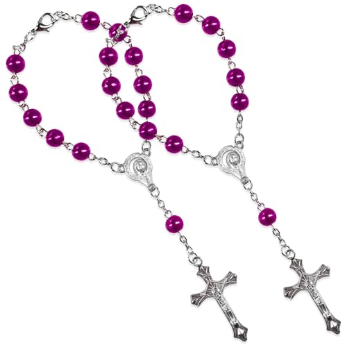 2 PCS Rosary for Rearview Mirror, Religious Cross Bead & Medal Car Rear View Mirror Hanging Ornament, Personalized Rosary Pendant Christian Auto Decoration for Women Men (Purple) Purple
