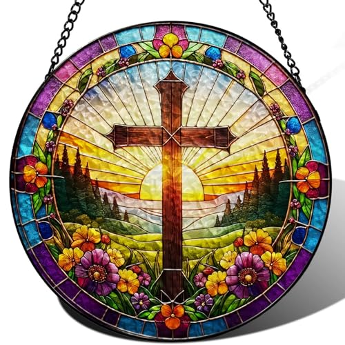 Easter Christian Religious Cross and Floral Design Suncatcher -7.9 in Stained Glass Window Hanging Sun Catcher Garden Decor White