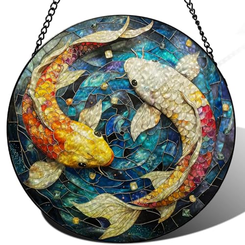Dreamy Fish Pisces Zodiac Suncatcher -7.9 in Stained Glass Window Hanging Sun Catcher Garden Decor White