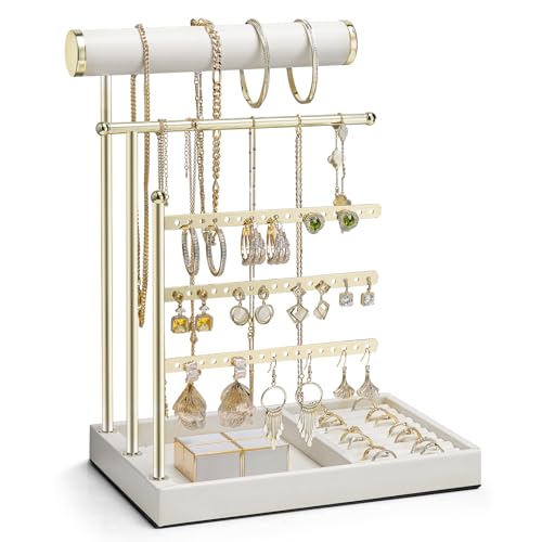 VLANDO Jewelry Stand Organizer with Ring Holder Tray, Necklace and Earring Storage for Bracelets, Watches and Rings, PU Leather Covered Wooden Tray with Gold Metal Frame - White