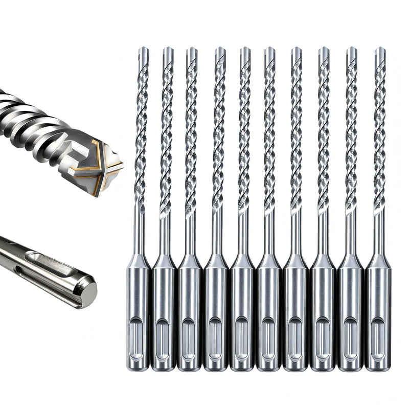 10pcs SDS Plus Masonry Drill Bit Set with Storage Case 3/16 x 6.3 inch | Rotary Hammer Drill Bits 4-Cutter Cross Tip Double Thread Tungsten Steel Concrete Drill Bit for Concrete, Brick, Stone, Walls