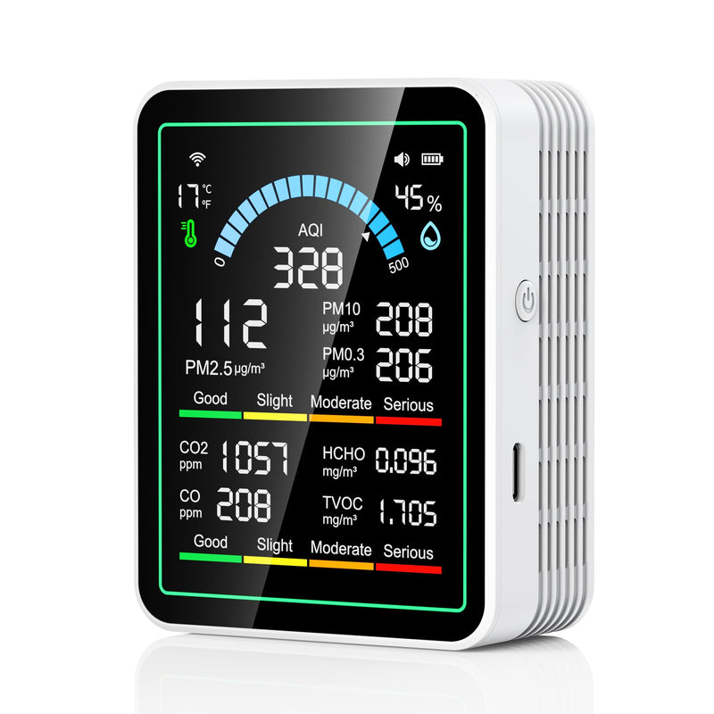 Air Quality Monitor Indoor, 10 in 1 Portable Smartair Quality Tester for CO2 | CO | TVOC | HCHO | Temp | AQI | PM0.3-1 Detection Hum for Home Cars Plants, Pets, Car, Hotel White
