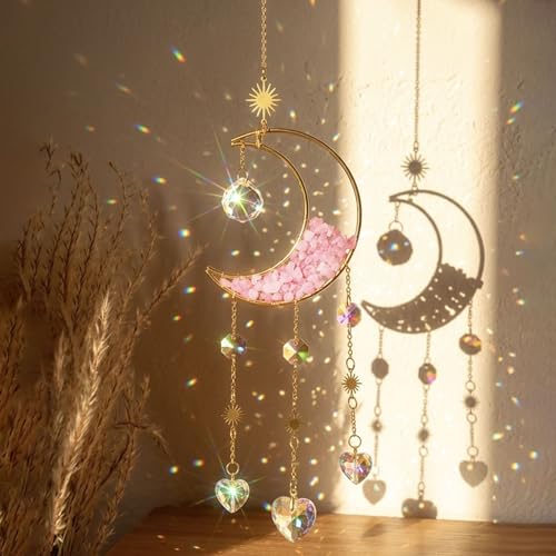 Moon Phase Crystal Suncatcher with Healing Stones, Boho Rainbow Maker Prism Window Hanging, Celestial Moon Sun Catcher for Home Decor, Meditation Room, Yoga Space, Gift for Women, Pink