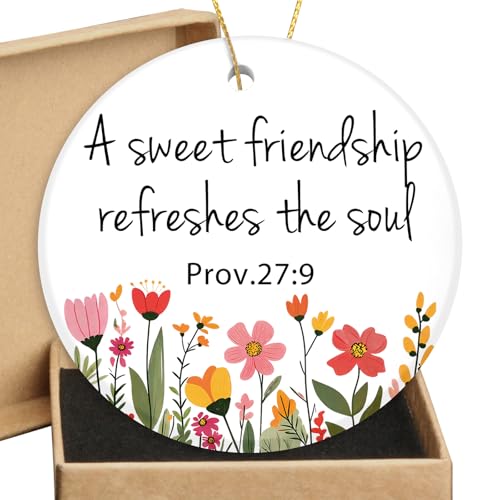Friendships Gifts Ornament Round Ceramic Ornament Christian Friendship Gifts for Women Best Friend Religious Inspirational Bible Verse Proverbs Friend Christmas Ornament A Sweet Friendship