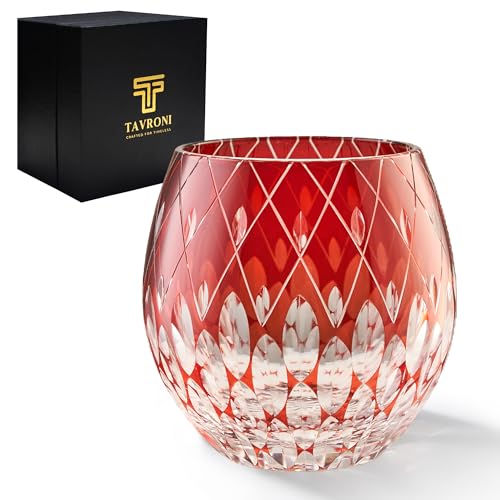 Hand-Cut Crystal Whiskey Glass, 10 Oz Red Lowball, Edo Style — An Old Fashioned Tumbler for Scotch Neat or Bourbon over Ice